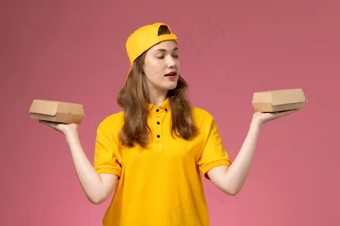 正面图穿着黄色制服和披风的女快递员拿着粉红色墙上的小食品包服务人员送货工作制服