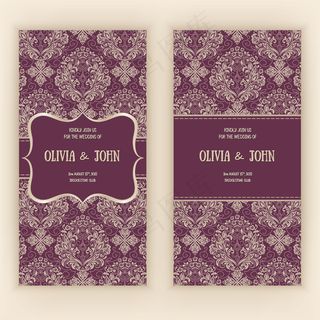 矢量请柬，卡片或婚礼卡与锦缎和优雅的花卉元素。