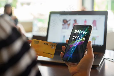 网上购物的信用卡手机模型样机 网上购物的信用卡手机模型样机