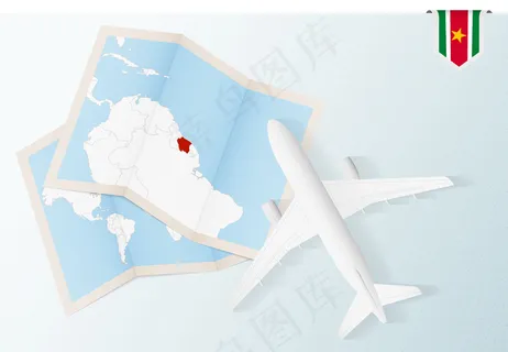 前往苏里南，带地图和苏里南国旗的顶视图飞机。