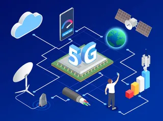 5g高速互联网等距构图，带云和地球图标的流程图视图