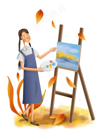 秋游野外画画写生的女孩