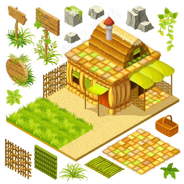 一组等距小屋和游戏元素。eps,ai矢量模版下载