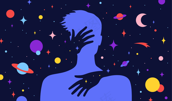 现代性格。女性的手抱着一个有着梦幻宇宙背景的男人的剪影。