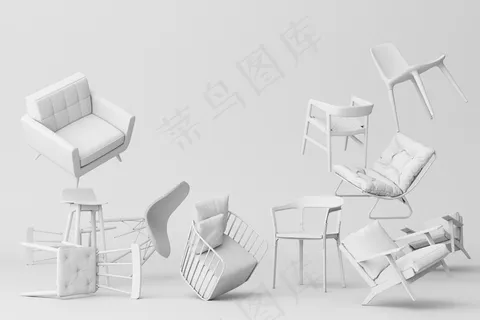 空白背景下的白色椅子极简主义理念&装置艺术三维渲染