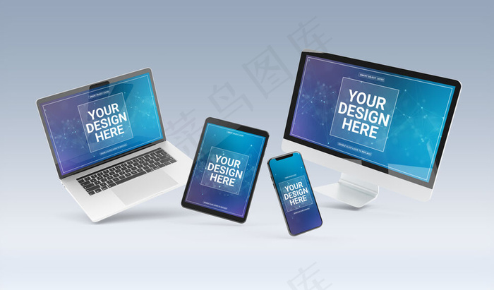 漂浮在灰色背景模型样机上的设备