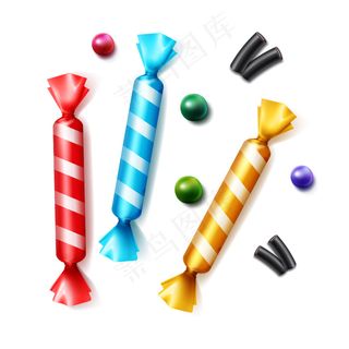 向量集不同的糖果分散在彩色条纹黄色，蓝色，红色箔包装顶视图隔离在白色背景