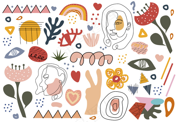 时尚的手绘形状和涂鸦对象集，线艺术的脸。抽象复古现代时髦时髦风格。插图