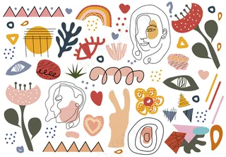 时尚的手绘形状和涂鸦对象集，线艺术的脸。抽象复古现代时髦时髦风格。插图