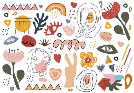 时尚的手绘形状和涂鸦对象集,线艺术的脸。抽象复古现代时髦时髦风格。插图 时尚的手绘形状和涂鸦对象集,线艺术的脸。抽象复古现代时髦时髦风格。插图