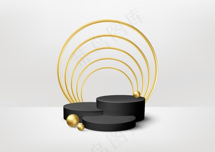 逼真的黑色产品展示台，白色背景上有金色装饰元素。
