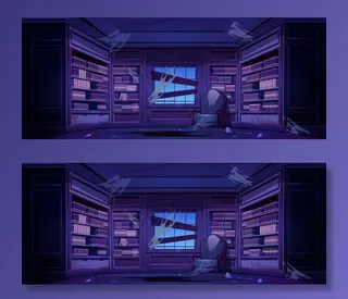 晚上有书柜的肮脏的旧图书馆