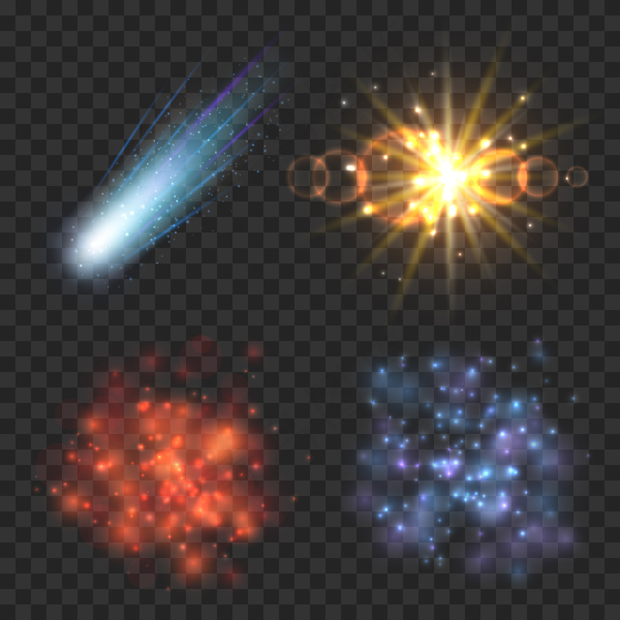 透明格子背景上的太空恒星、彗星和爆炸。星光，爆炸彗星，恒星星系，星云和爆炸流星插图