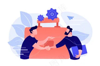 两个商业伙伴握手和大公文包。合作与协议、合作与交易在白色背景下完成。