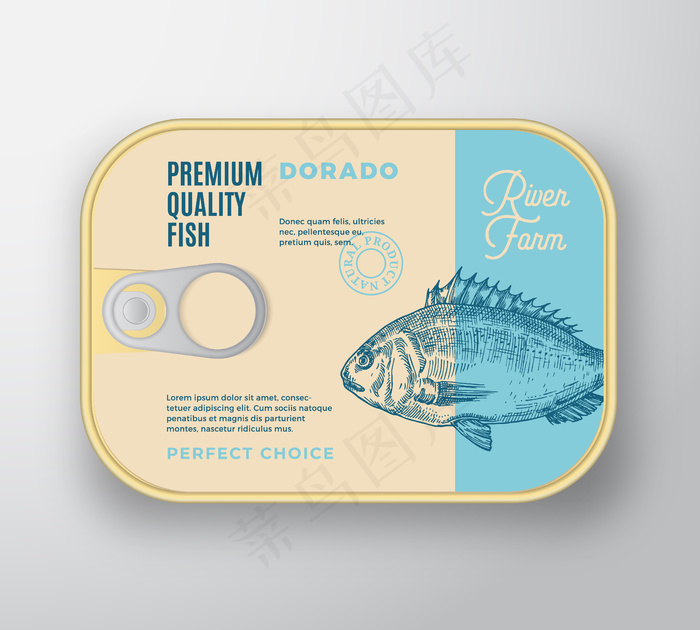 带标签盖的抽象鱼铝容器。