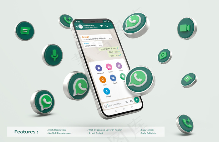 Whatsapp的银色手机模型样机psd模版下载