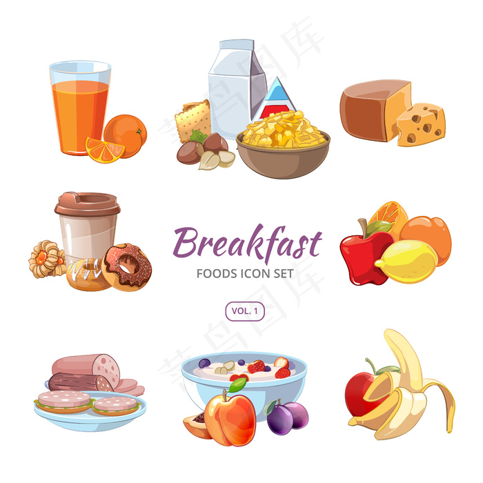 卡通风格的早餐食品图标。午餐咖啡，橘子和早晨营养，美味水果新鲜，矢量插图