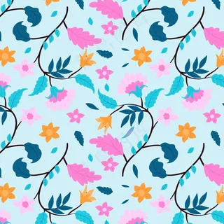 粉花蓝叶花卉图案