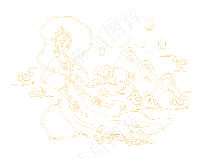 描金中秋嫦娥抱玉兔(4724X3543(DPI:300))psd模版下载