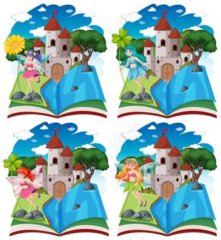 设置不同的童话和城堡塔弹出书卡通风格孤立的白色背景