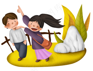 手绘秋季旅游的情侣