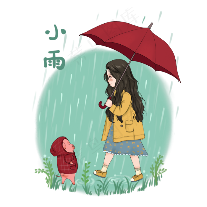 春日小雨细雨春天雨伞猪年少女可