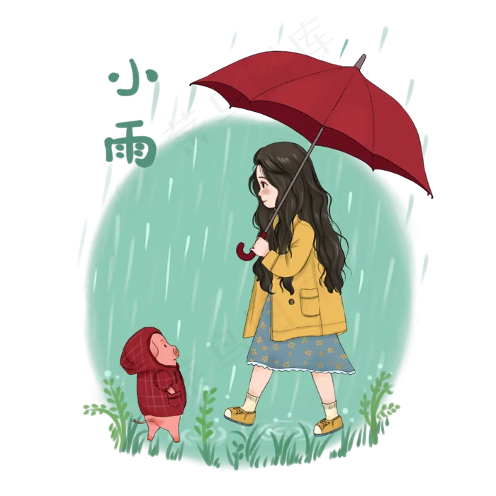 春日小雨细雨春天雨伞猪年少女可(3000X3000(DPI:300))psd模版下载