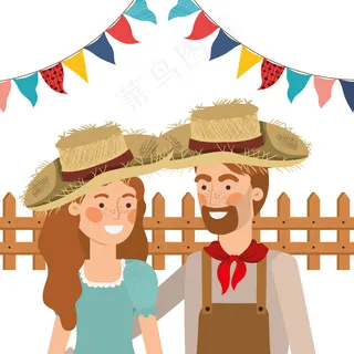 农民夫妇戴草帽谈话