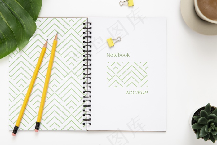 桌面俯视图，带笔记本和肉质