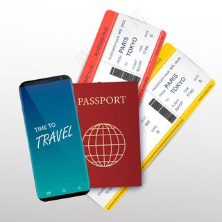 带有逼真的3d护照、机票和细线图标的旅行和旅游概念卡