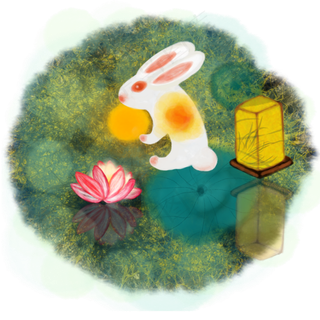 中国风水墨水彩中秋节荷塘月色花