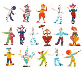 马戏团小丑，卡通大人物。小丑表演者，夏皮托马戏团表演演员，穿着滑稽的服装，戴着假发，化妆，红鼻子。