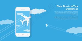 民用飞机在手机上方飞行的画面，风格插画，移动机票服务理念