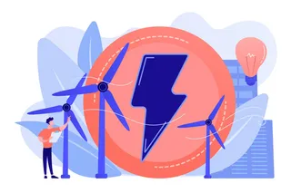 工程师与风力涡轮机合作生产绿色能源、灯泡