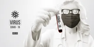 新型冠状病毒。在黑色背景上戴着黑色面具的女人。