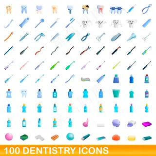 牙科图标集。白色背景上牙科图标的卡通插图