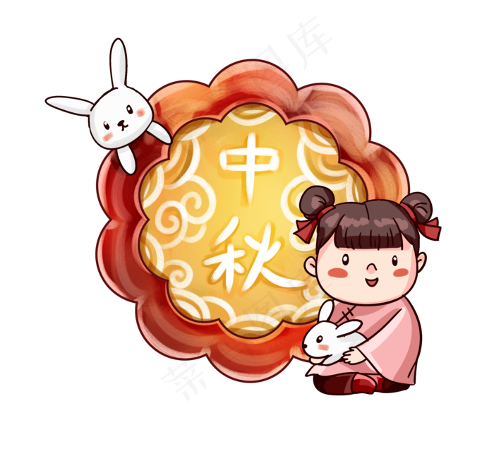 古风月饼与小女孩兔子