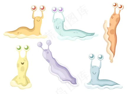 可爱的蜗牛系列。没有壳的彩色大蜗牛。森林动物。卡通人物。白底插图