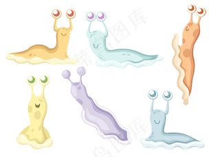 可爱的蜗牛系列。没有壳的彩色大蜗牛。森林动物。卡通人物。白底插图