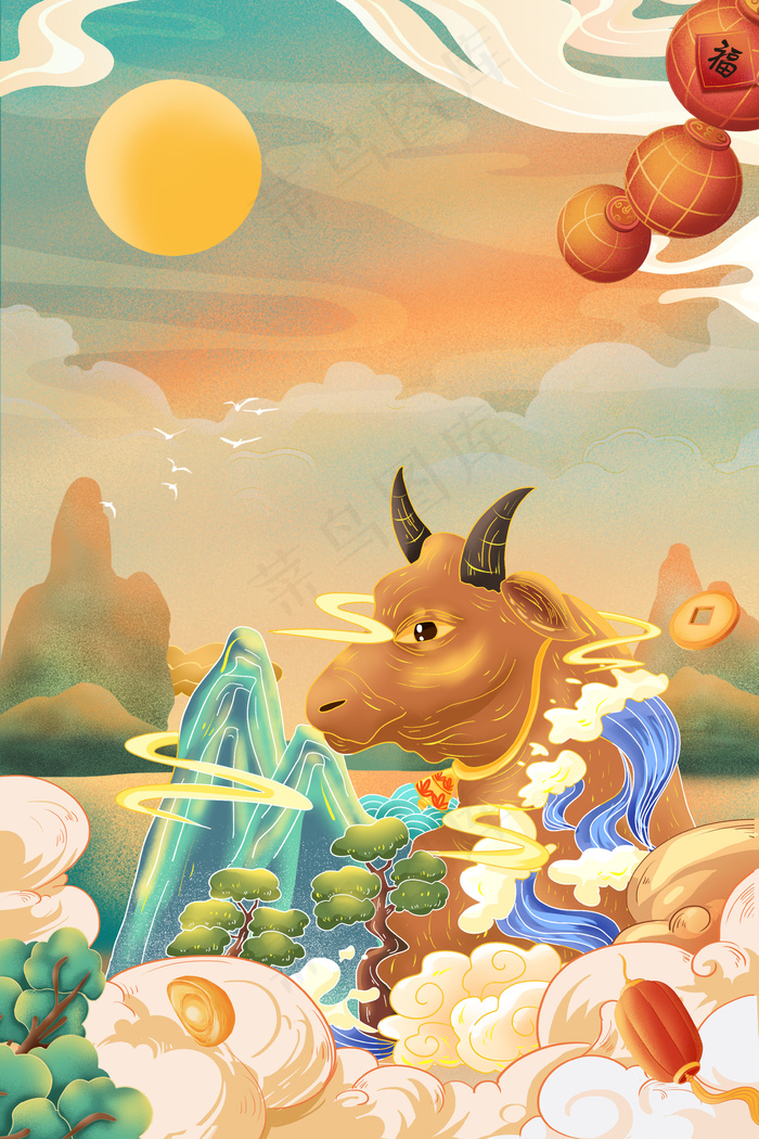 2021年国潮风牛年大吉背景素材