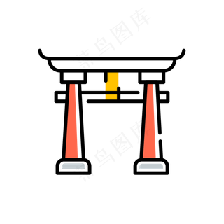 手绘卡通彩色旅游名胜神社