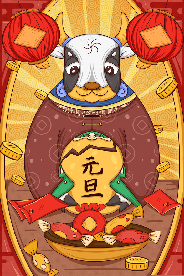 手绘元旦节抱着蛋和红包的牛(3545*5315px 300 dpi )psd模版下载