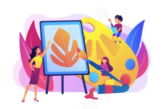 在画架上教孩子们用调色板和画笔绘画的女艺术家，小人物。艺术工作室，开放艺术课，现代美术馆理念。