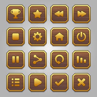全套水平木制和金色框架按钮游戏弹出窗口，图标，窗口和元素