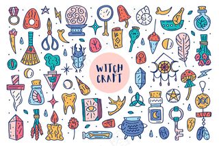 巫术可爱的涂鸦手绘大剪贴画，集设计元素，图标，贴纸。丰富多彩的设计。孤立的白色背景。不同的巫师魔法杖药草，设备，成分。