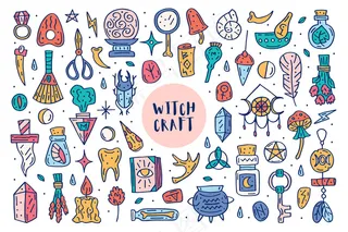 巫术可爱的涂鸦手绘大剪贴画，集设计元素，图标，贴纸。丰富多彩的设计。孤立的白色背景。不同的巫师魔法杖药草，设备，成分。
