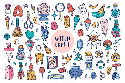 巫术可爱的涂鸦手绘大剪贴画,集设计元素,图标,贴纸。丰富多彩的设计。孤立的白色背景。不同的巫师魔法杖药草,设备,成分。 巫术可爱的涂鸦手绘大剪贴画,集设计元素,图标,贴纸。丰富多彩的设计。孤立的白色背景。不同的巫师魔法杖药草,设备,成分。