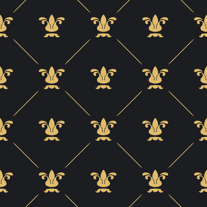 无缝图案装饰。黑色背景，金色元素。