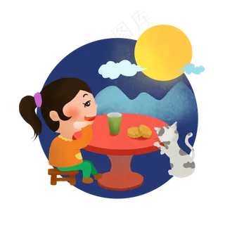 中秋节卡通清新可爱风月饼女孩猫