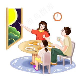 一家人坐在窗前赏月 